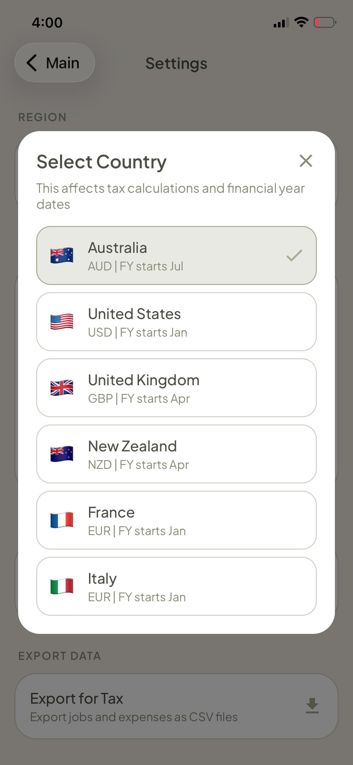 BOOKDU multi-country tax settings supporting US, UK, Australia, NZ, France, and Italy