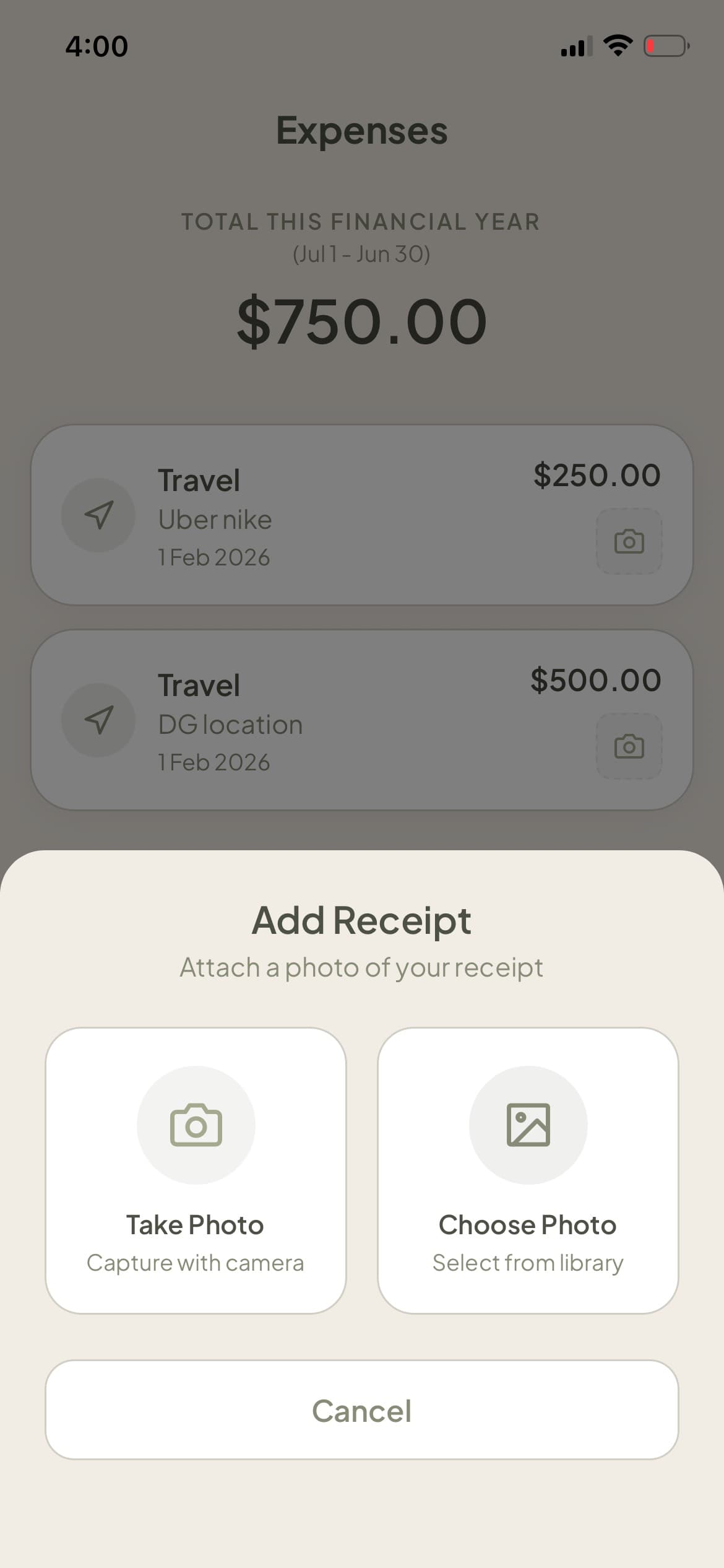 BOOKDU expense receipt capture with photo and notes for tax records