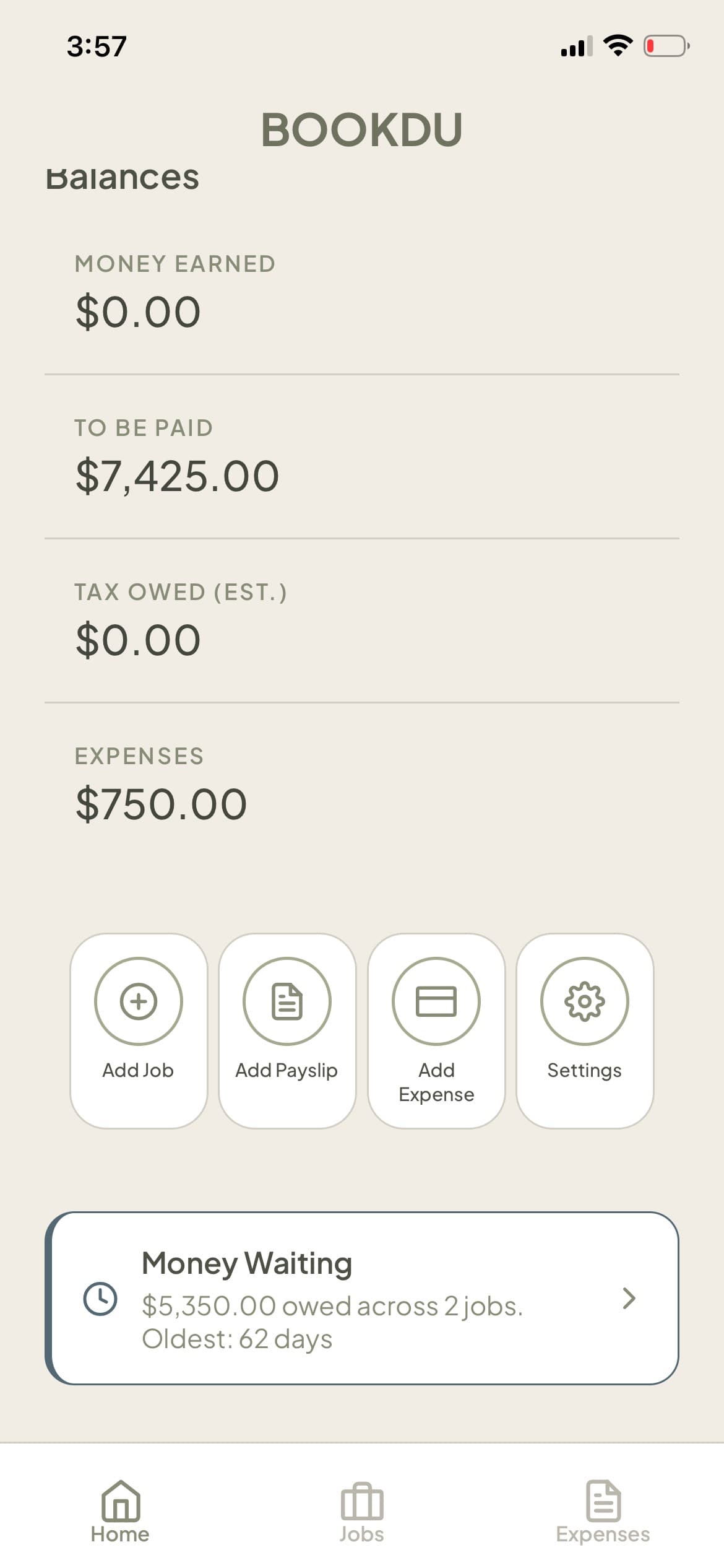 BOOKDU app home screen showing payment tracking dashboard for models