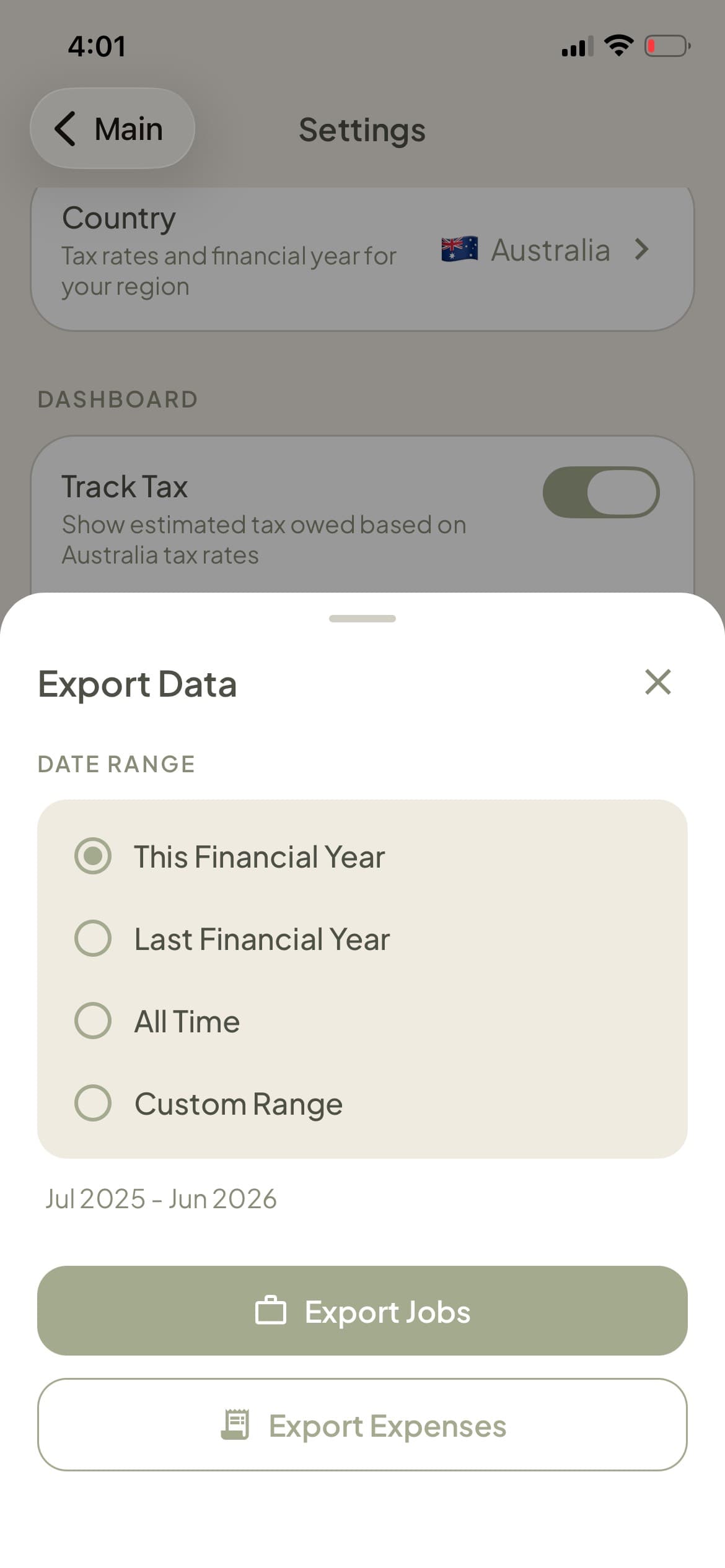 BOOKDU CSV export screen for jobs and expenses with custom date ranges