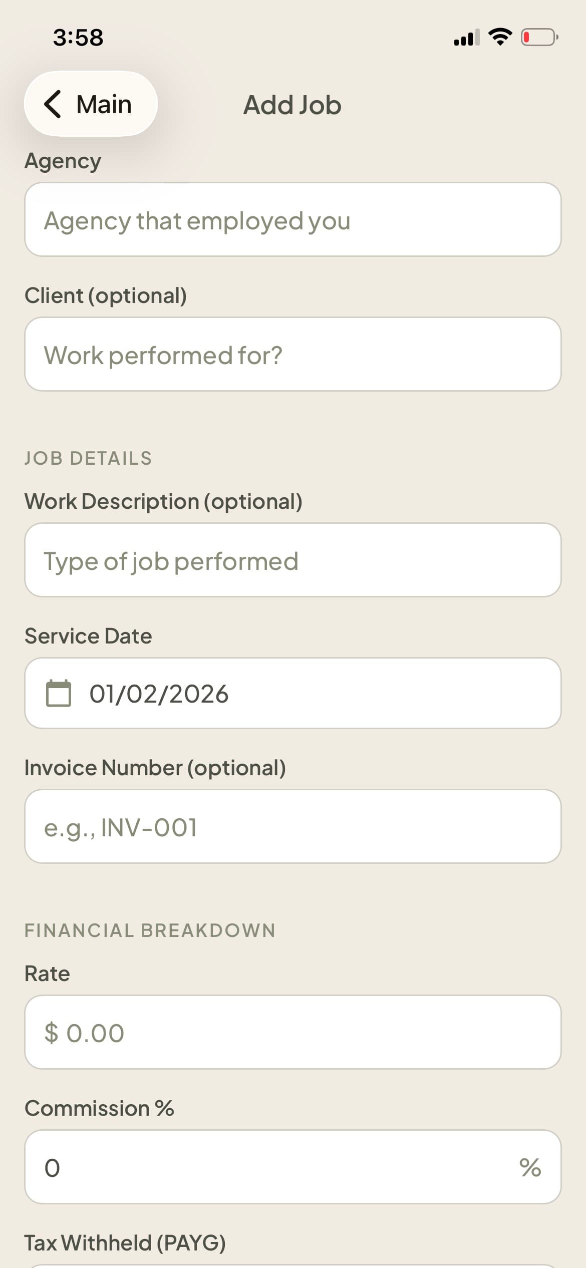 BOOKDU job logging form with agency, client, and job details for models