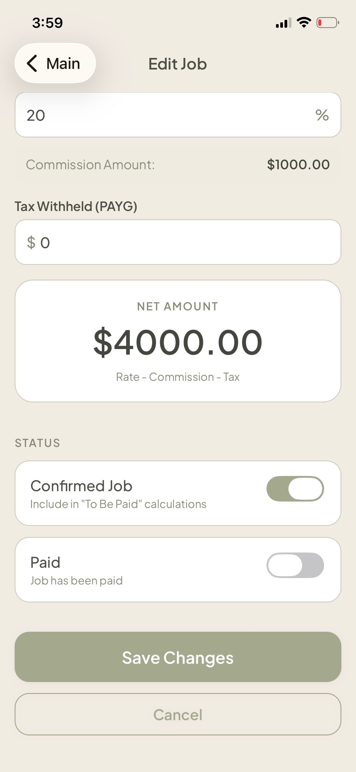 BOOKDU rate entry screen for day rate or project fee for modeling jobs