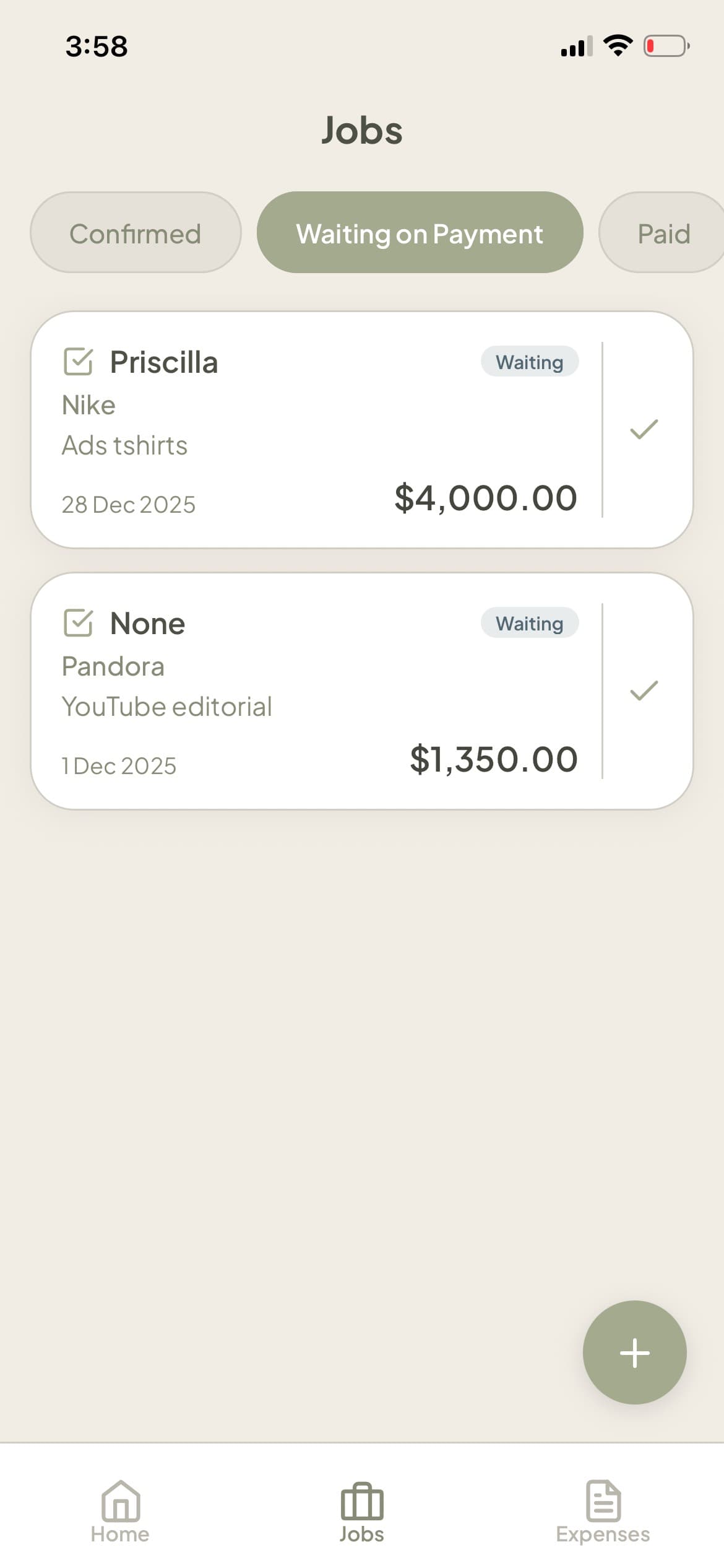 BOOKDU overdue payment tracking screen showing jobs waiting for agency payment