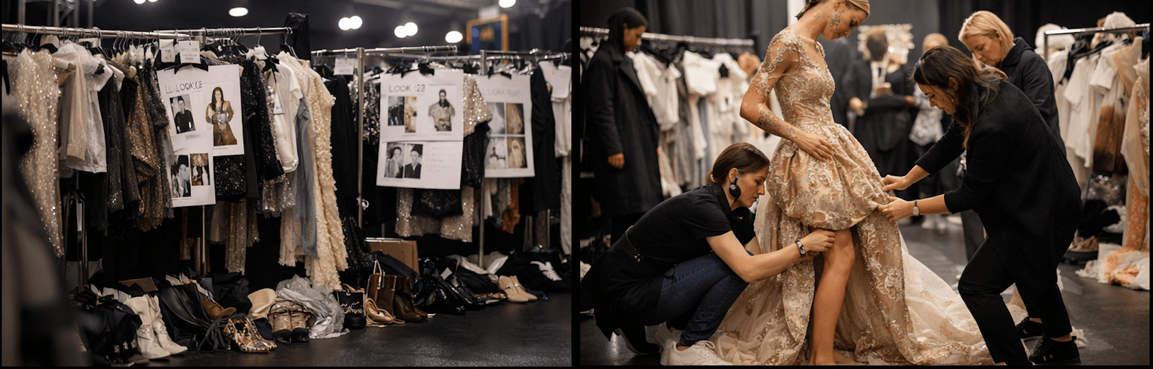 Backstage at a fashion show — clothing racks, look sheets, and a model being fitted