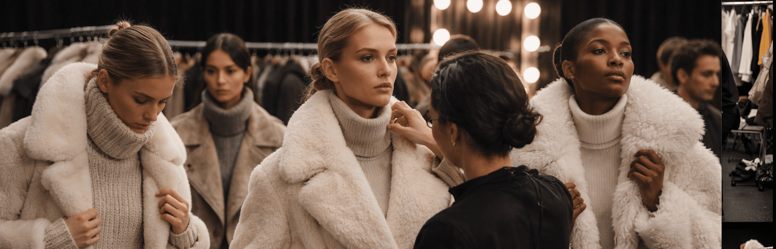 Models getting ready backstage before a show